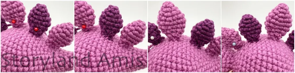 A four-panel image shows close-ups of how to position the crocheted plates over the back of an amigurumi triceratops.