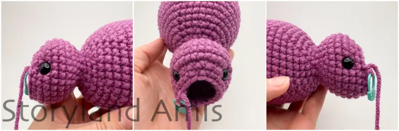 A three-panel image shows where to place the eyes on an amigurumi stegosaurus's head. Each image shows the head from a different angle.