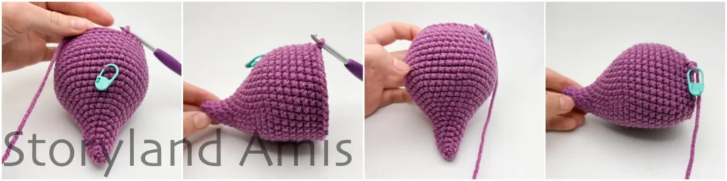 A four-panel image shows a partially finished amigurumi stegosaurus dinosaur body from four different angles being crocheted.