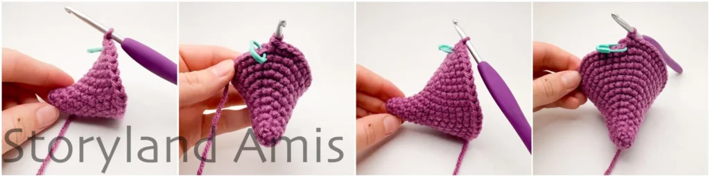 A four-panel image shows the progression of a stegosaurus amigurumi tail being crocheted.