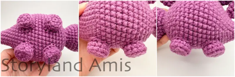 A three-panel image shows close-ups of the legs of a crocheted stegosaurus from three different angles.