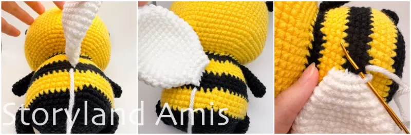 A three-panel image shows the process of sewing a crocheted wing to an amigurumi bee's body.