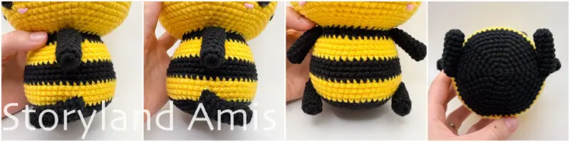 A four-panel image shows the bottom half of an amigurumi bee from four different angles.