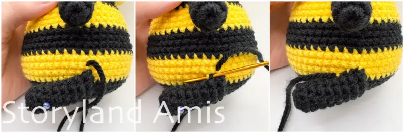 A three-panel image shows step-by-step how to sew a crocheted leg to the side of an amigurumi bee's body.