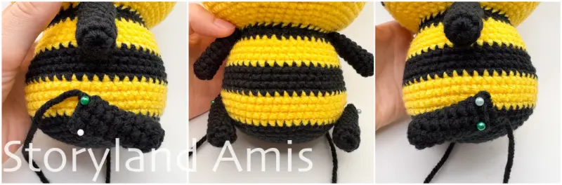 A three-panel image shows where to position the legs on the body of an amigurumi bee.
