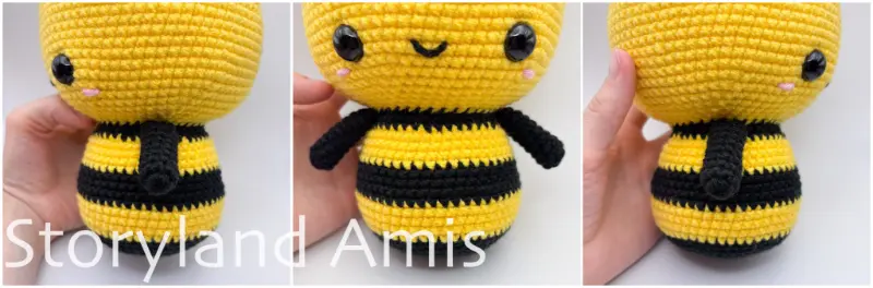 A three-panel image shows a partially finished amigurumi bee from three different angles.