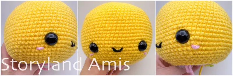 A three-panel image shows a crocheted bee head from three different angles.