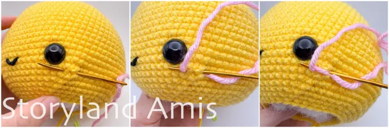 A three-panel image shows step-by-step how to embroider cheeks onto the head of an amigurumi bee using pink yarn and a tapestry needle. 