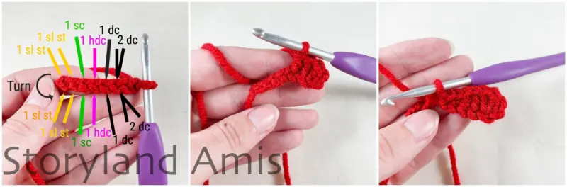A three-panel image shows step-by-step how to crochet a hat tie for a pirate's hat.