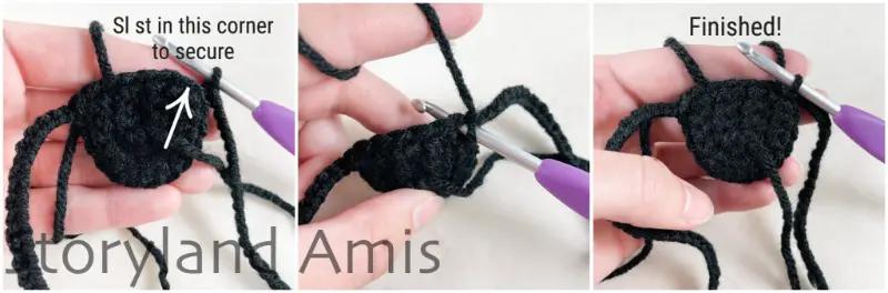 A three-panel image shows step-by-step how to crochet a chain stitch strap on a crocheted eye patch for an amigurumi pirate doll.