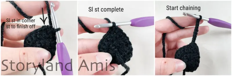 A three-panel image shows step-by-step how to crochet a chain stitch strap on a crocheted eye patch for an amigurumi pirate doll.