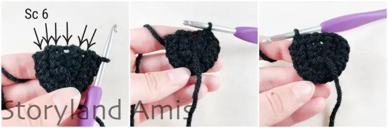 A three-panel image shows step-by-step how to crochet a border along the edge of a small black eye patch for an amigurumi pirate doll.