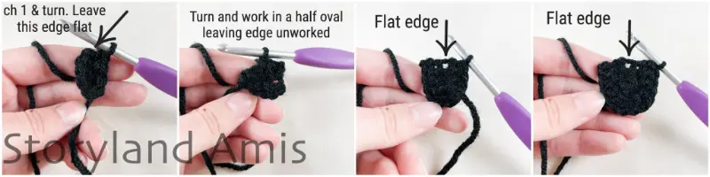 A four-panel image shows step-by-step how to crochet a small eye patch for an amigurumi pirate doll. Each panel shows a hand demonstrating what to do with a crochet hook. There is text on each image explaining what is happening.