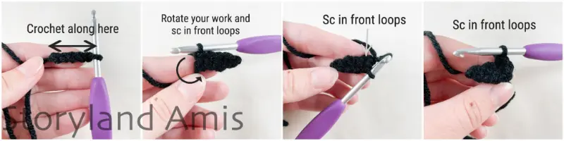 A four-panel image shows step-by-step how to crochet a small eye patch for an amigurumi pirate doll. Each panel shows a hand demonstrating what to do with a crochet hook. There is text on each image explaining what is happening.