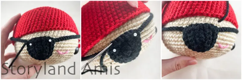 A three-panel image shows a hand demonstrating how to sew an eye patch to the head of an amigurumi pirate doll.