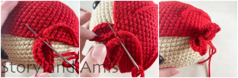 A three-panel image shows step-by-step how to sew two hat ties to the side of an amigurumi pirate's hat.