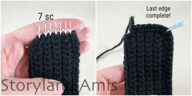 A two-panel image shows a close-up of the edge of a black crocheted vest as a border is being crocheted along the edge.