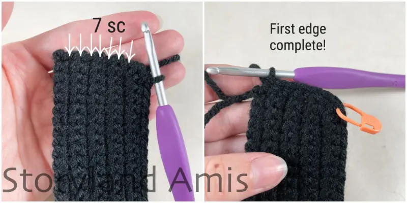A two-panel image shows a close-up of the edge of a black crocheted vest as a border is being crocheted along the edge.