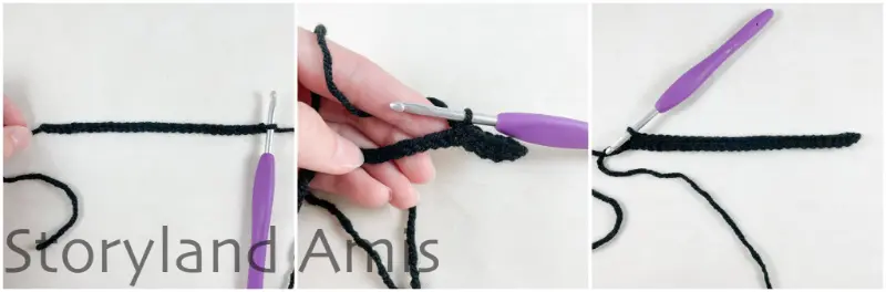 A three-panel image shows a foundation chain being crocheted for an amigurumi pirate doll's vest.