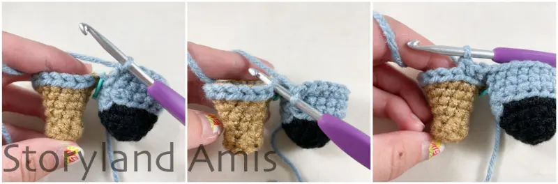 A three-panel image shows a hand demonstrating how to join two crocheted legs together using a crochet hook to create a body for an amigurumi pirate doll.