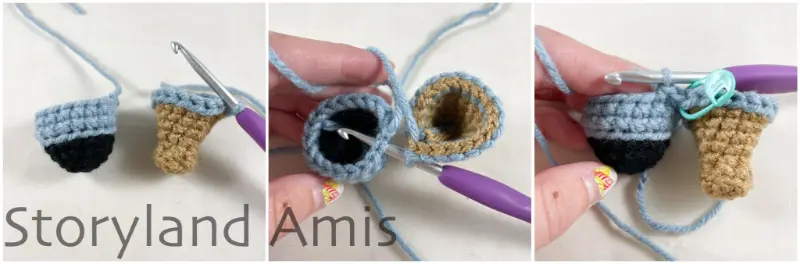 A three-panel image shows a hand demonstrating how to join two crocheted legs together using a crochet hook to create a body for an amigurumi pirate doll.