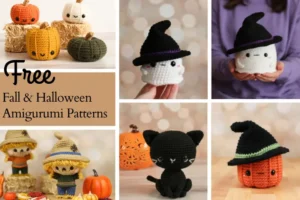 A collage image shows various Fall and Halloween amigurumi designs with the text "free fall and Halloween amigurumi patterns".