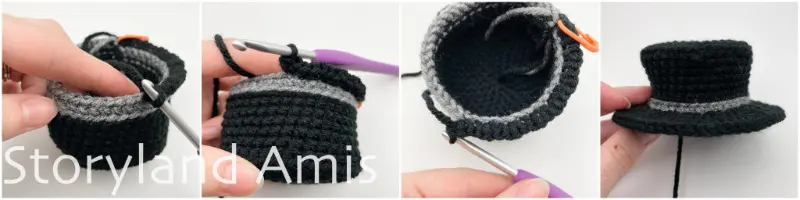 A four-panel collage shows step-by-step how the brim of a crocheted top hat is made.