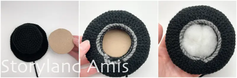 A three-panel collage. The first image shows a circle of cardboard next to a crocheted top hat. The second image shows the circle of cardboard inside the top of the hat. The third image shows the top hat upside down stuffed with fiberfill.