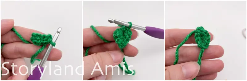 A three-panel image shows step-by-step how to crochet a green holly berry leaf.
