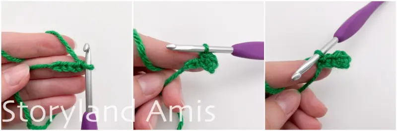 A three-panel image shows step-by-step how to crochet a green holly berry leaf.