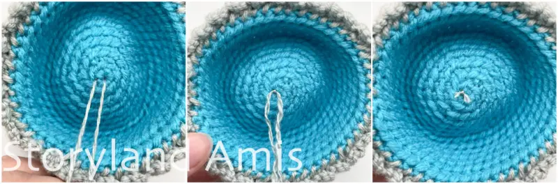 A three-panel image shows step-by-step how to tie the yarn tails together from a pom pom on the inside of a stocking cap.