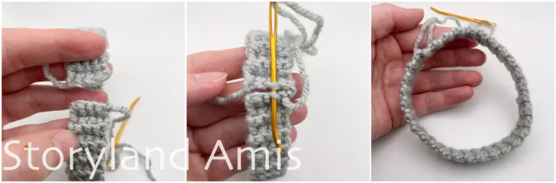 A three-panel image shows how to sew the two ends together on a crocheted hat band to create a circular band.