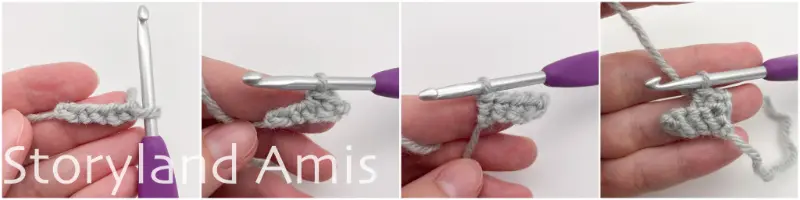 A four-panel image shows step-by-step how to crochet the first row of a hat band.