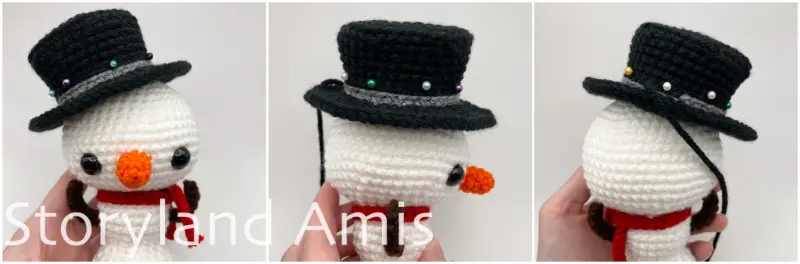 A three-panel image shows an amigurumi snowman from three different angles with a top hat pinned to its head.