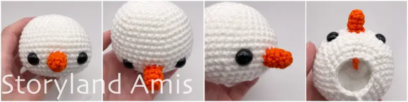 A four-panel collage shows a finished amigurumi snowman head from four different angles.