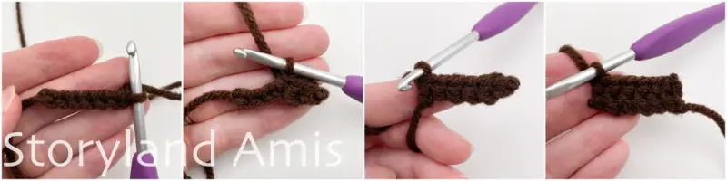 a four-panel collage shows step-by-step how to crochet a snowman arm.