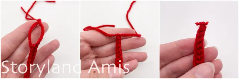 A three-panel image shows step-by-step how to tie the yarn ends together on a crocheted scarf.