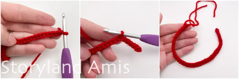 A three-panel collage shows the steps to make a crocheted chain scarf for an amigurumi snowman.