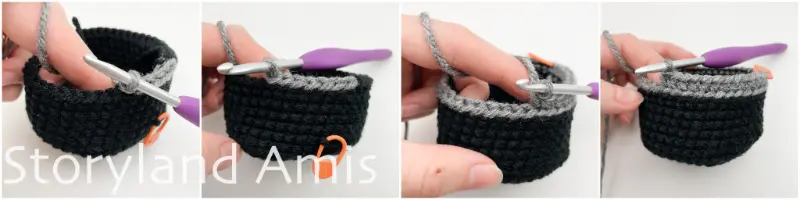 A four-panel collage shows a hand demonstrating how to crochet the hat band for an amigurumi snowman's top hat.