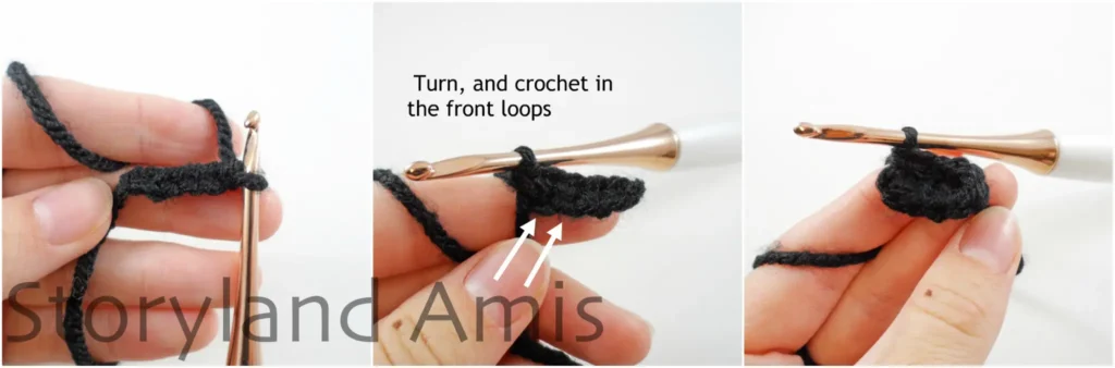 A three-panel image shows step-by-step how to crochet into both sides of a foundation chain using a white and gold crochet hook.