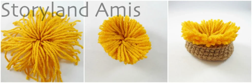 A three-panel image shows a crocheted manger for an amigurumi nativity set from three different angles.