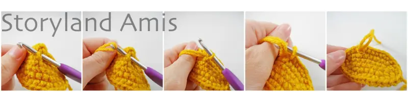 A five-panel image showing step-by-step how to attach yarn ends to a crocheted oval piece using a crochet hook to give the appearance of hay.
