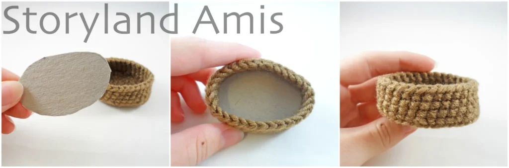 A three-panel image with the first image showing a hand holding up a small cardboard oval. The last two images show the cardboard oval inside the bottom of a crocheted manger.