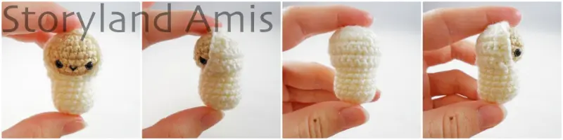 A four-panel image showing a tiny crocheted baby Jesus amigurumi doll from four different angles.