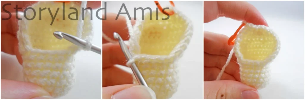 A three-panel image showing the step-by-step process of crocheting a border around a crocheted swaddle for an amigurumi baby Jesus doll.