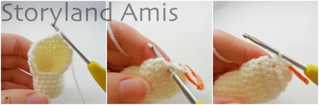 A three-panel image showing the step-by-step process of crocheting a border around a crocheted swaddle for an amigurumi baby Jesus doll.