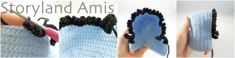 A four-panel image with the first image showing a close-up of a hand crocheting hair onto a headdress for an amigurumi doll. The last three images show the finished headdress and hair from different angles.