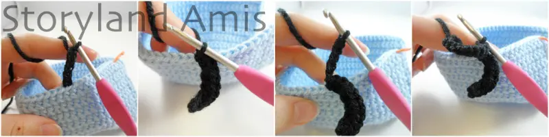 A four-panel image showing the step-by-step process of joining black yarn to a crocheted doll headdress and crocheting hair around the edge of it.