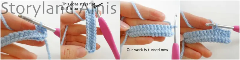 A four-panel image showing the step-by-step process of the first few rounds of a headdress being crocheted using blue yarn and a pink crochet hook.