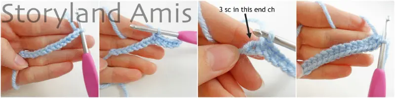 A four-panel image showing the step-by-step process of the first few rounds of a headdress being crocheted using blue yarn and a pink crochet hook.